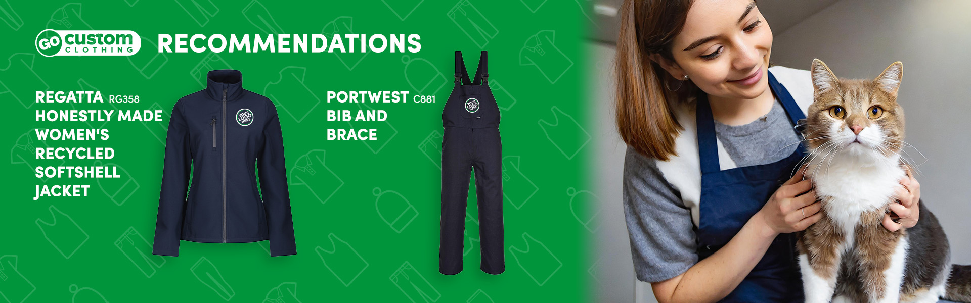 petcare professional caring for a cat wearing a branded apron